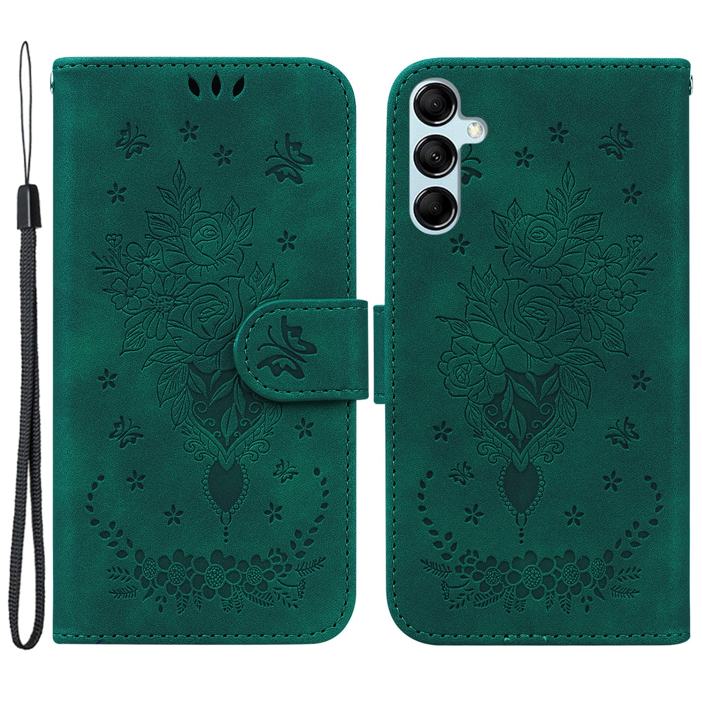 For Samsung Galaxy M34 5G / F34 5G Rose Butterfly Imprint Phone Case Leather Wallet Stand Cover - Green