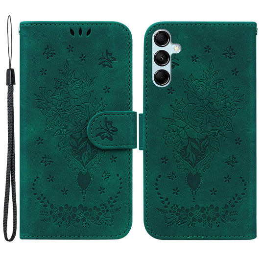 For Samsung Galaxy M34 5G / F34 5G Rose Butterfly Imprint Phone Case Leather Wallet Stand Cover - Green