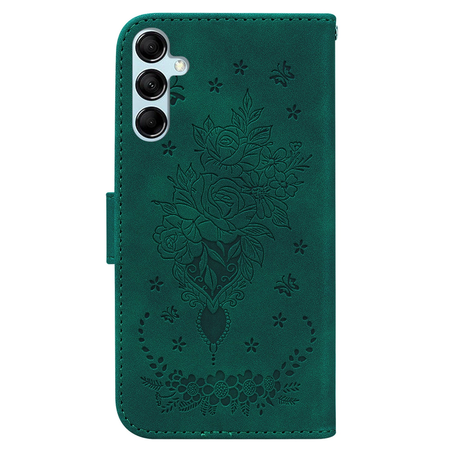 For Samsung Galaxy M34 5G / F34 5G Rose Butterfly Imprint Phone Case Leather Wallet Stand Cover - Green