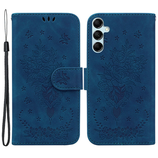 For Samsung Galaxy M34 5G / F34 5G Rose Butterfly Imprint Phone Case Leather Wallet Stand Cover - Blue