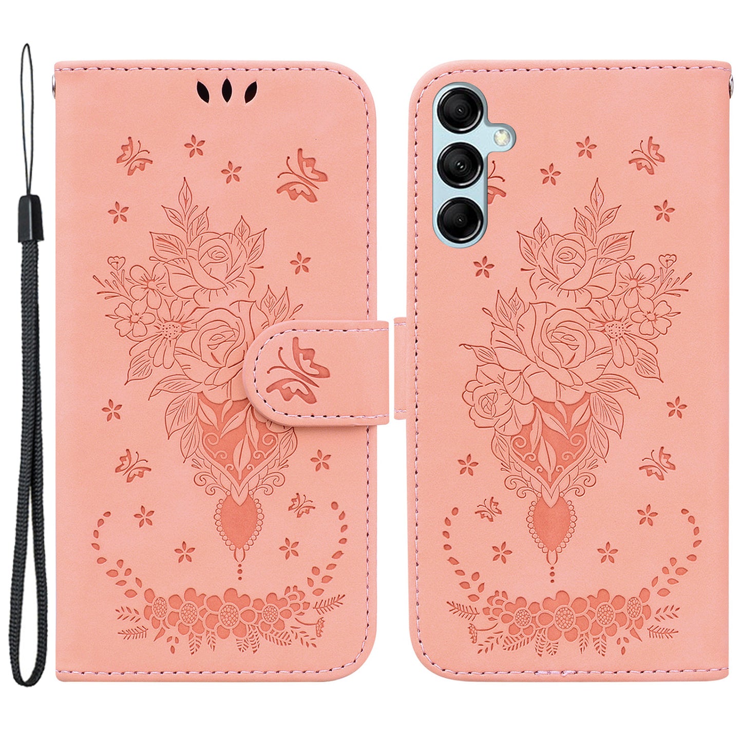 For Samsung Galaxy M34 5G / F34 5G Rose Butterfly Imprint Phone Case Leather Wallet Stand Cover - Pink