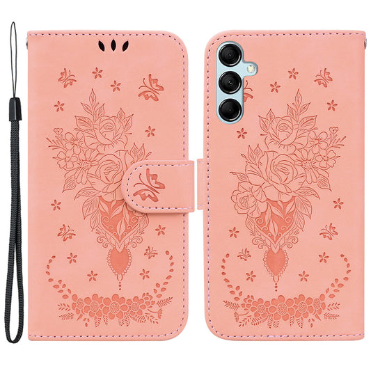 For Samsung Galaxy M34 5G / F34 5G Rose Butterfly Imprint Phone Case Leather Wallet Stand Cover - Pink