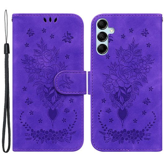For Samsung Galaxy M34 5G / F34 5G Rose Butterfly Imprint Phone Case Leather Wallet Stand Cover - Purple