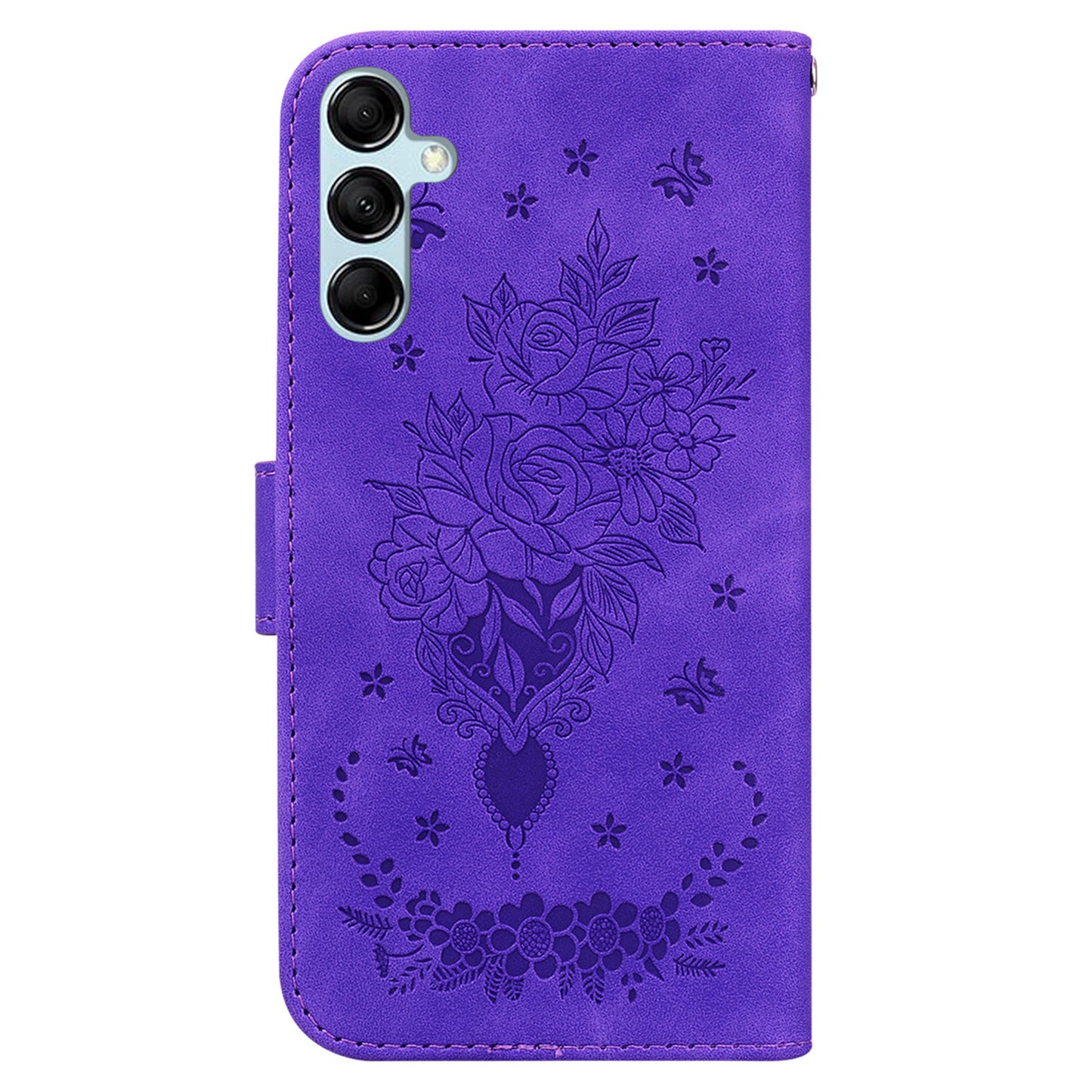For Samsung Galaxy M34 5G / F34 5G Rose Butterfly Imprint Phone Case Leather Wallet Stand Cover - Purple