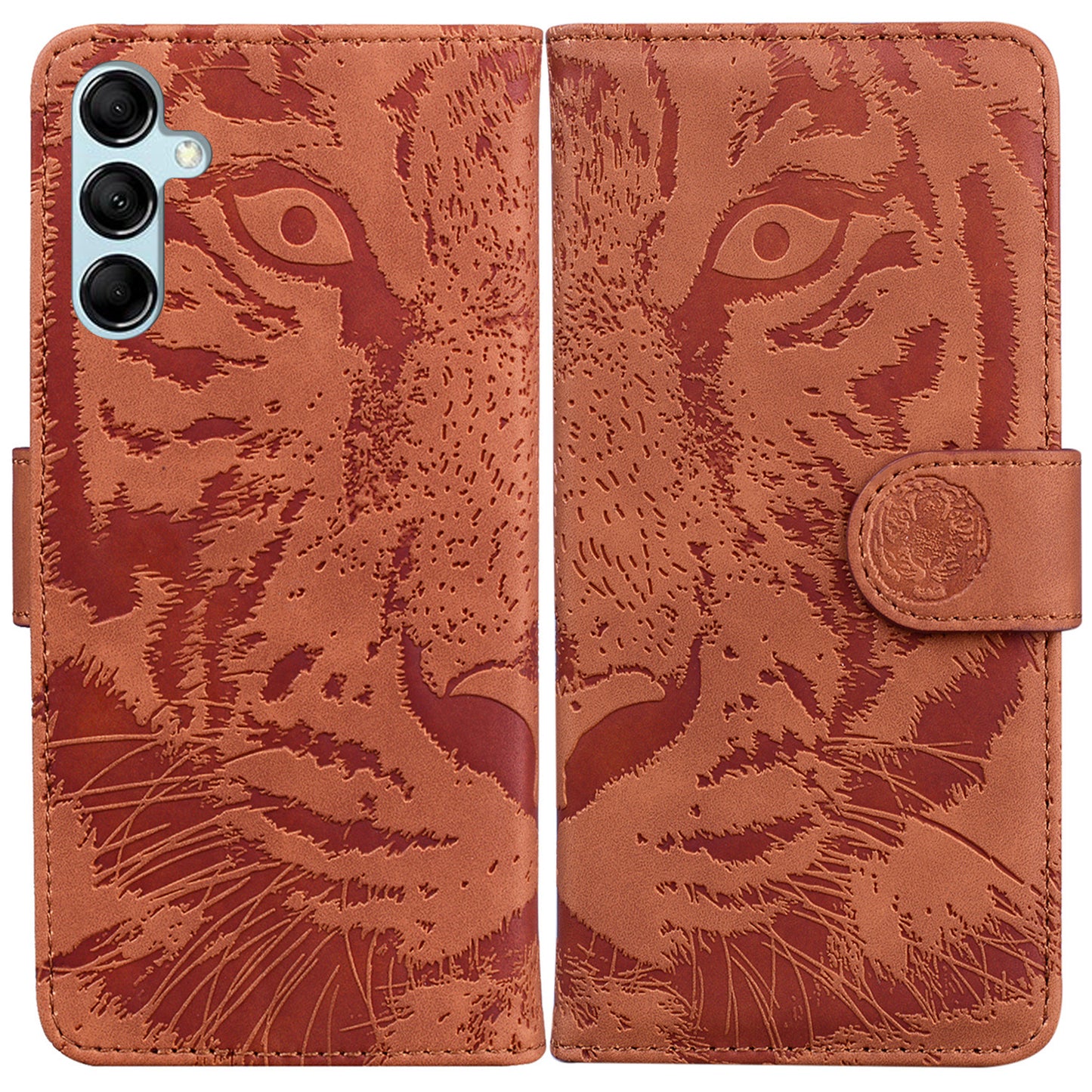 For Samsung Galaxy M34 5G / F34 5G Imprinted Tiger Wallet Cover Slim-Fit PU Leather Stand Phone Case - Brown