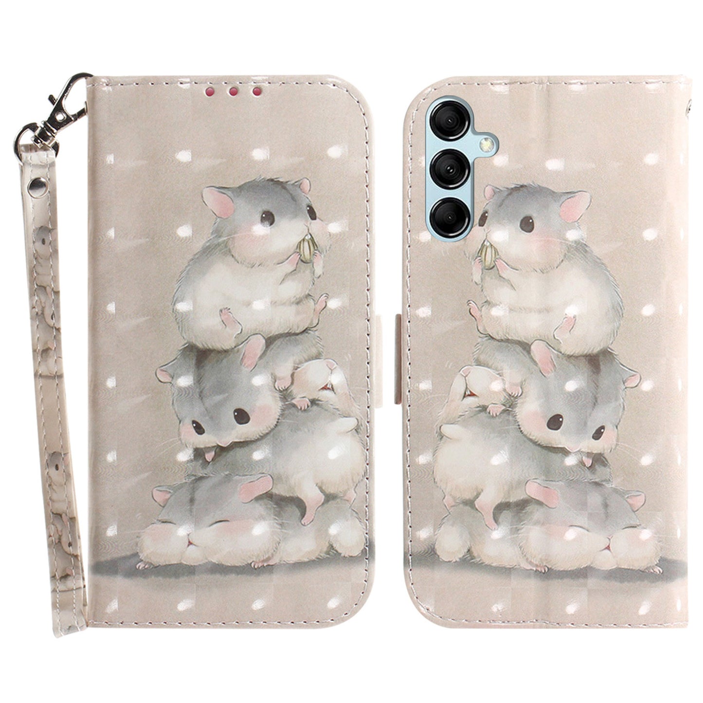 For Samsung Galaxy M34 5G / F34 5G 3D Pattern Printed Stand Cover Leather Wallet Phone Case with Strap - Stacking Squirrels