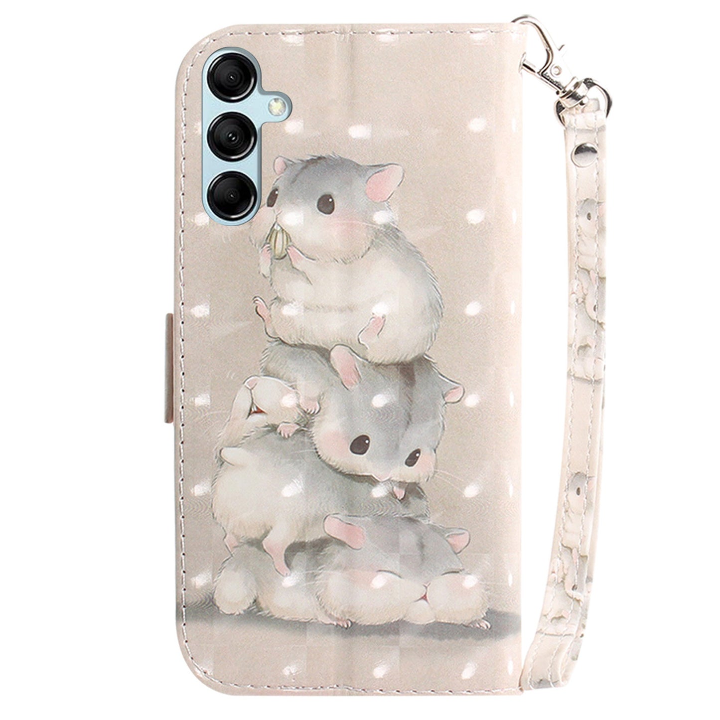 For Samsung Galaxy M34 5G / F34 5G 3D Pattern Printed Stand Cover Leather Wallet Phone Case with Strap - Stacking Squirrels