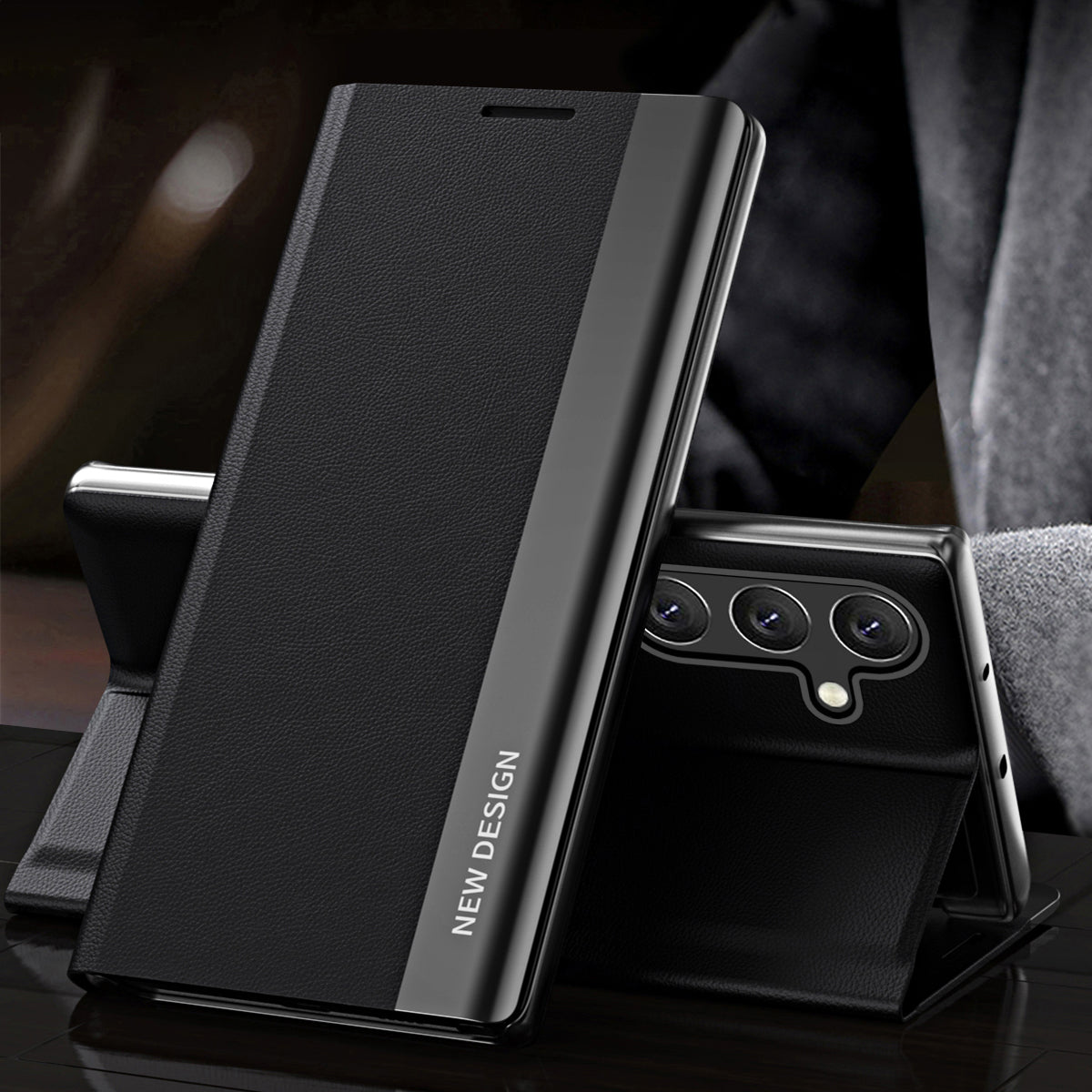 For Samsung Galaxy M34 5G / F34 5G Case PU Leather Electroplating Stand Cover - Black