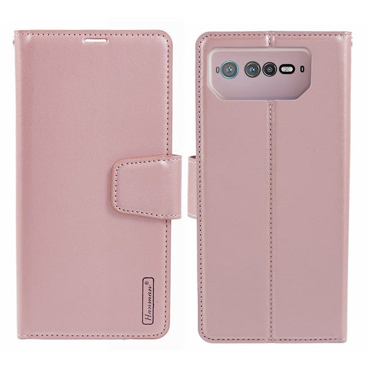 HANMAN Mill Series for Asus ROG Phone 6 5G / ROG Phone 6 Pro 5G Case Anti-drop Phone Cover Wallet PU Leather Shell - Rose Gold