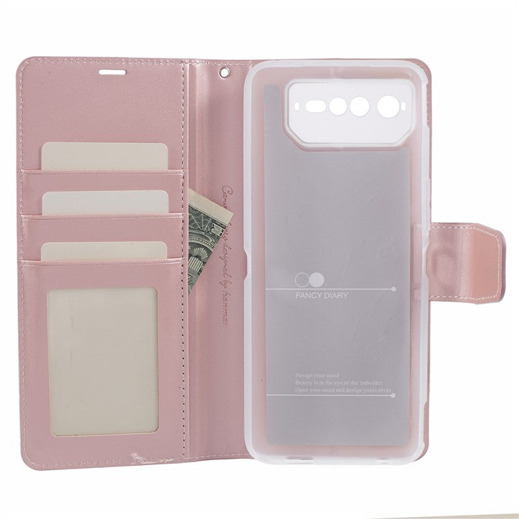 HANMAN Mill Series for Asus ROG Phone 6 5G / ROG Phone 6 Pro 5G Case Anti-drop Phone Cover Wallet PU Leather Shell - Rose Gold
