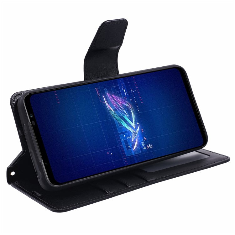 HANMAN Mill Series for Asus ROG Phone 6 5G / ROG Phone 6 Pro 5G Case Anti-drop Phone Cover Wallet PU Leather Shell - Black