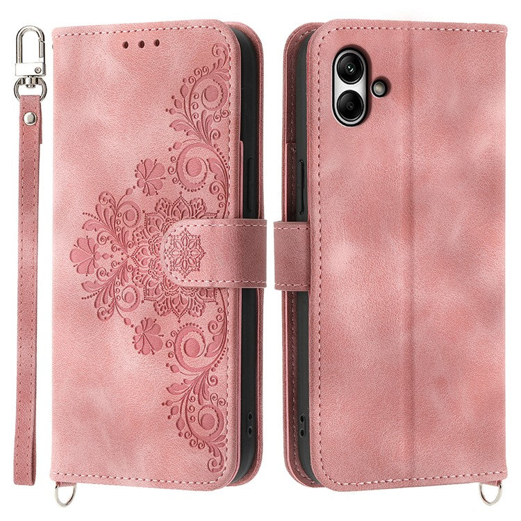 For Samsung Galaxy A05 4G Case PU Leather Flower Imprinted Phone Cover with 2 Straps - Pink