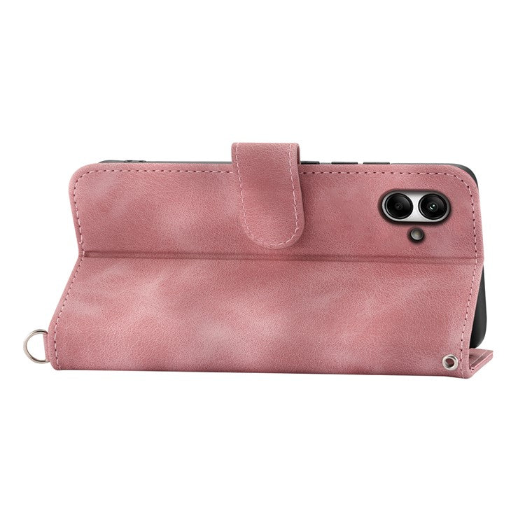 For Samsung Galaxy A05 4G Case PU Leather Flower Imprinted Phone Cover with 2 Straps - Pink