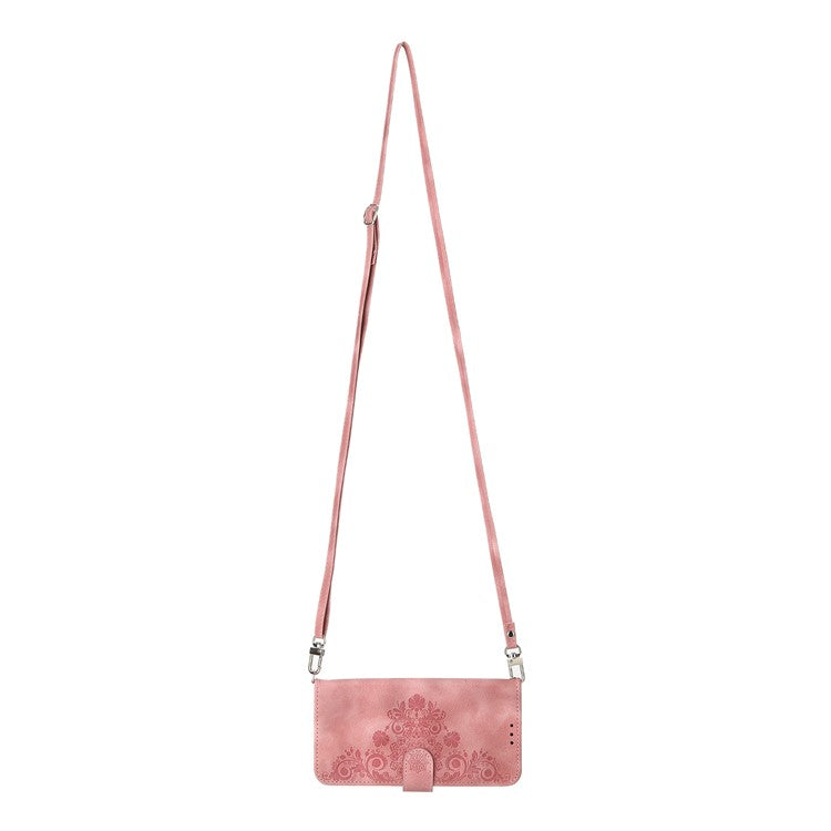 For Samsung Galaxy A05 4G Case PU Leather Flower Imprinted Phone Cover with 2 Straps - Pink