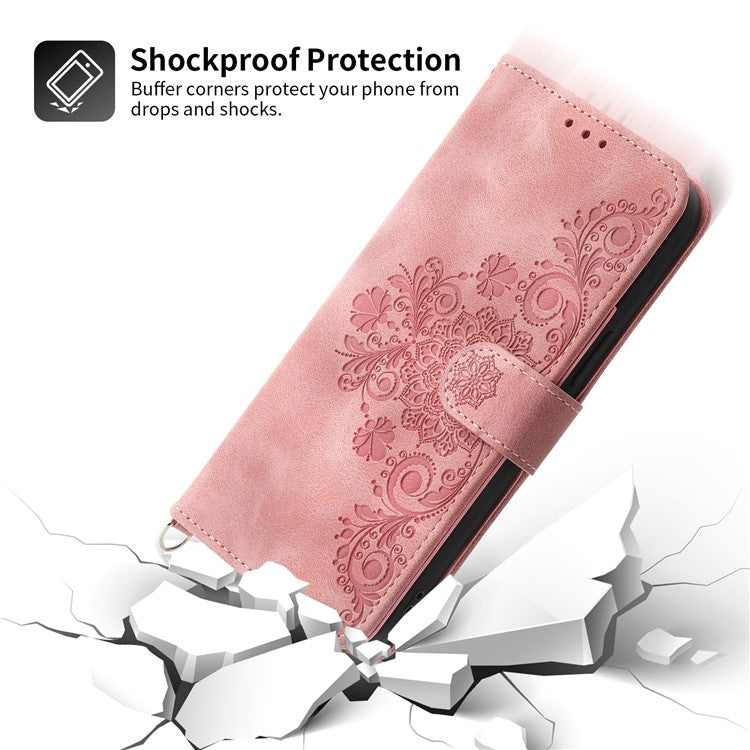 For Samsung Galaxy A05 4G Case PU Leather Flower Imprinted Phone Cover with 2 Straps - Pink