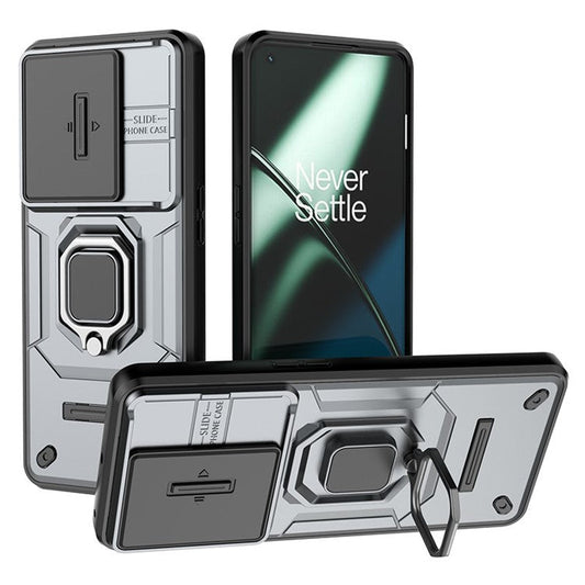 For OnePlus 11 5G Case Slide Lens Shield Ring Kickstand PC+TPU Phone Cover - Grey