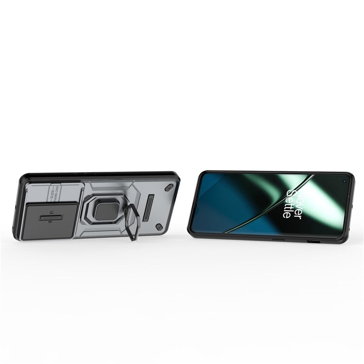 For OnePlus 11 5G Case Slide Lens Shield Ring Kickstand PC+TPU Phone Cover - Grey