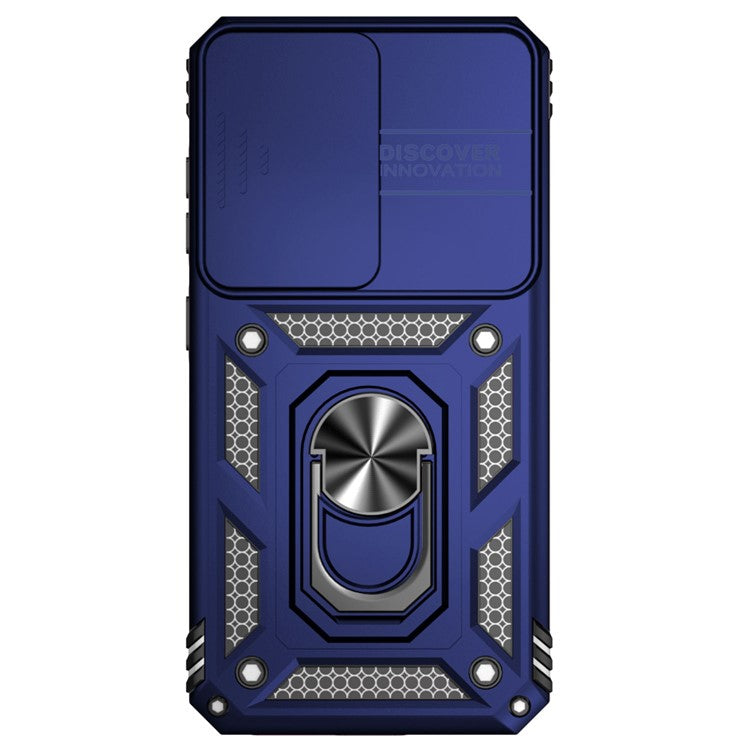 For Samsung Galaxy S23 FE Case Slide Camera Lid PC+TPU Cellphone Cover with Ring Kickstand - Blue