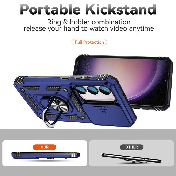 For Samsung Galaxy S23 FE Case Slide Camera Lid PC+TPU Cellphone Cover with Ring Kickstand - Blue