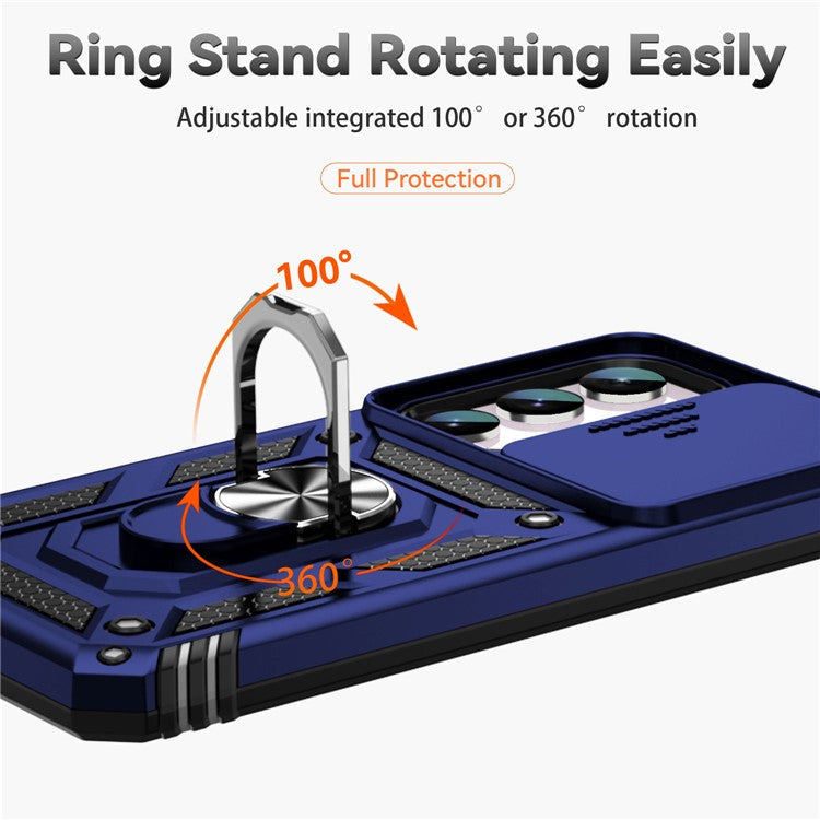 For Samsung Galaxy S23 FE Case Slide Camera Lid PC+TPU Cellphone Cover with Ring Kickstand - Blue