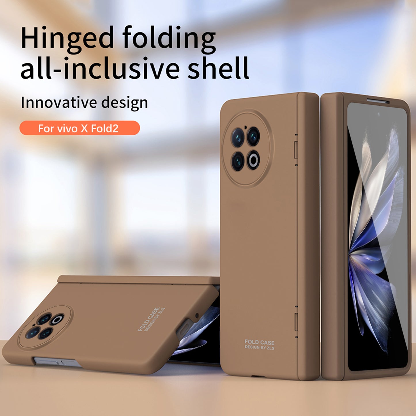 For vivo X Fold2 Case Anti-Scratch Hard PC Phone Cover with Tempered Glass Film - Brown