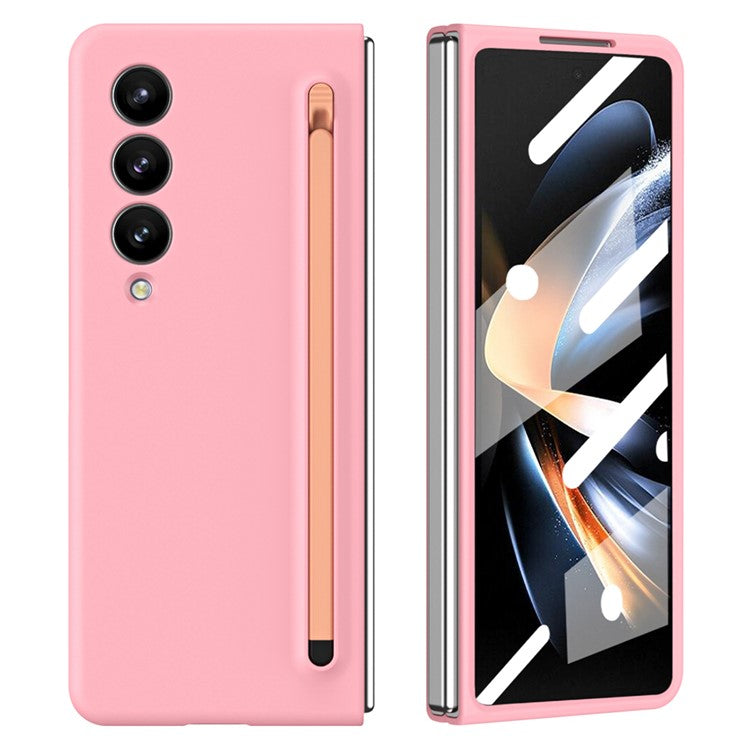 For Samsung Galaxy Z Fold5 5G Case with Stylus / Tempered Glass Film Hard PC Phone Protector - Pink+Pink Stylus