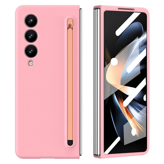 For Samsung Galaxy Z Fold5 5G Case with Stylus / Tempered Glass Film Hard PC Phone Protector - Pink+Pink Stylus