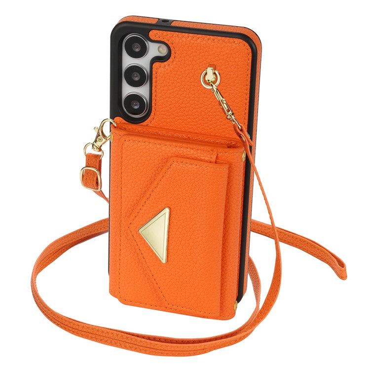For Samsung Galaxy S23 Case PU Leather+TPU Shell with Card Bag + Shoulder Strap - Orange