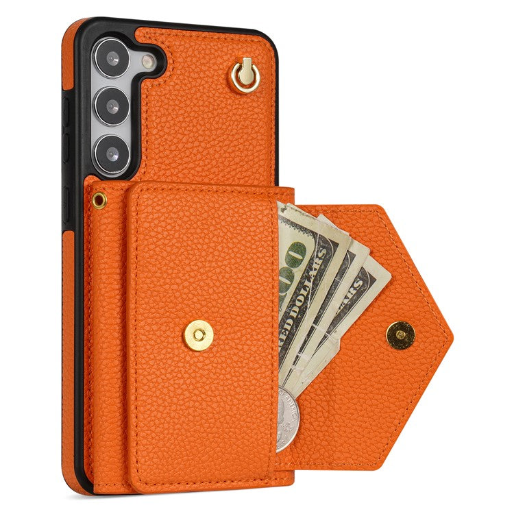 For Samsung Galaxy S23 Case PU Leather+TPU Shell with Card Bag + Shoulder Strap - Orange