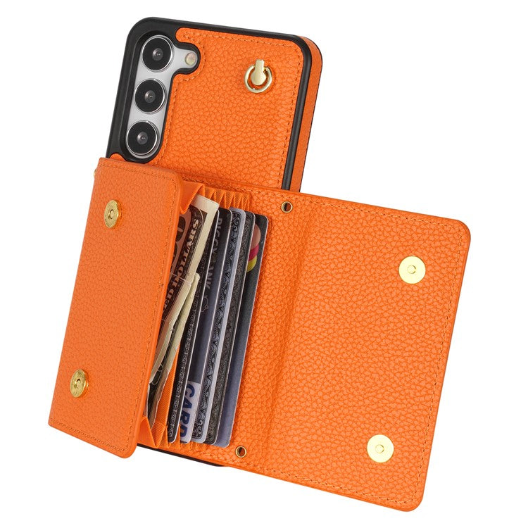 For Samsung Galaxy S23 Case PU Leather+TPU Shell with Card Bag + Shoulder Strap - Orange