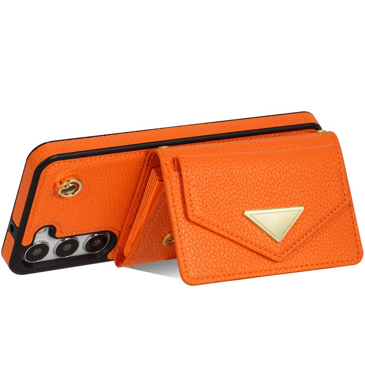 For Samsung Galaxy S23 Case PU Leather+TPU Shell with Card Bag + Shoulder Strap - Orange