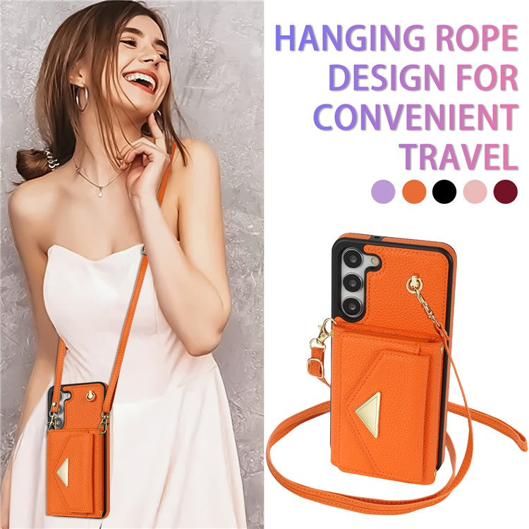 For Samsung Galaxy S23 Case PU Leather+TPU Shell with Card Bag + Shoulder Strap - Orange