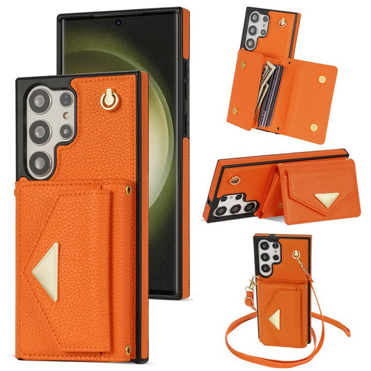 For Samsung Galaxy S23 Ultra Case Card Holder Shell Leather+TPU Cover with Shoulder Strap - Orange