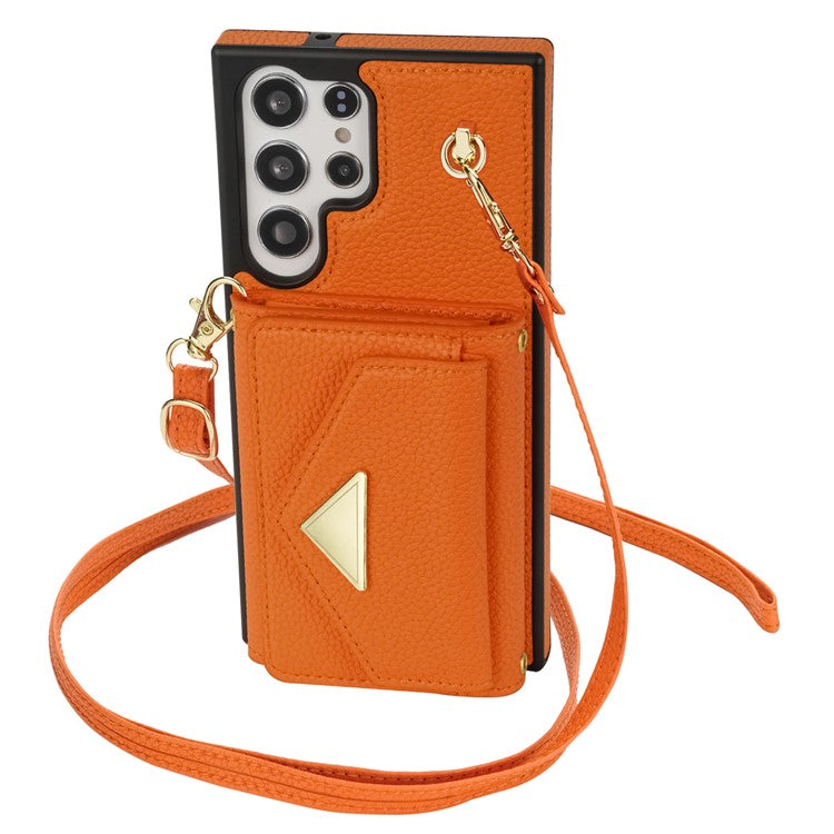 For Samsung Galaxy S23 Ultra Case Card Holder Shell Leather+TPU Cover with Shoulder Strap - Orange