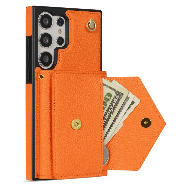 For Samsung Galaxy S23 Ultra Case Card Holder Shell Leather+TPU Cover with Shoulder Strap - Orange