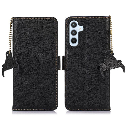 For Samsung Galaxy A15 4G Case Genuine Cow Leather RFID Blocking Wallet Phone Cover - Black