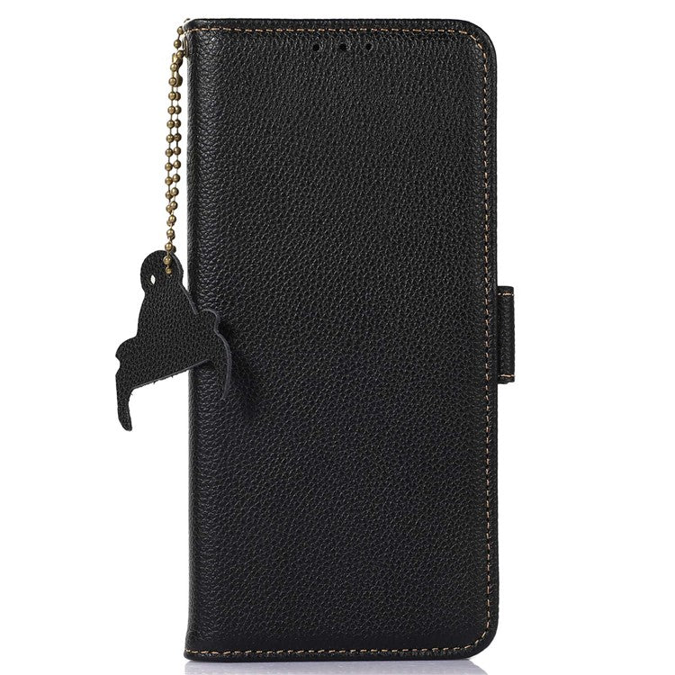 For Samsung Galaxy A15 4G Case Genuine Cow Leather RFID Blocking Wallet Phone Cover - Black