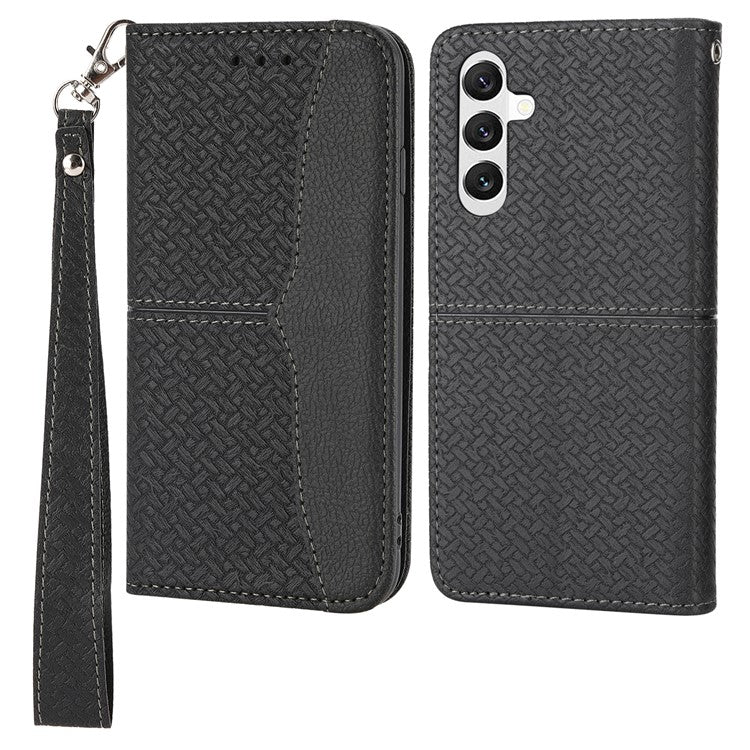 For Samsung Galaxy A25 5G (Global) (161.0 x 76.5 x 8.3mm) Case Woven Texture PU Leather Stand Phone Wallet Cover with Strap - Black