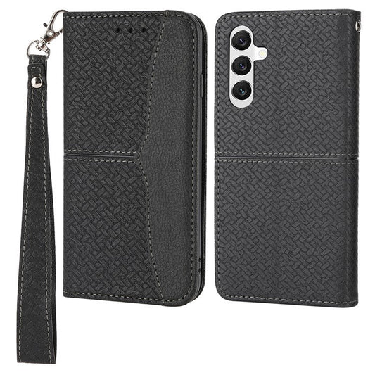 For Samsung Galaxy A25 5G (Global) (161.0 x 76.5 x 8.3mm) Case Woven Texture PU Leather Stand Phone Wallet Cover with Strap - Black