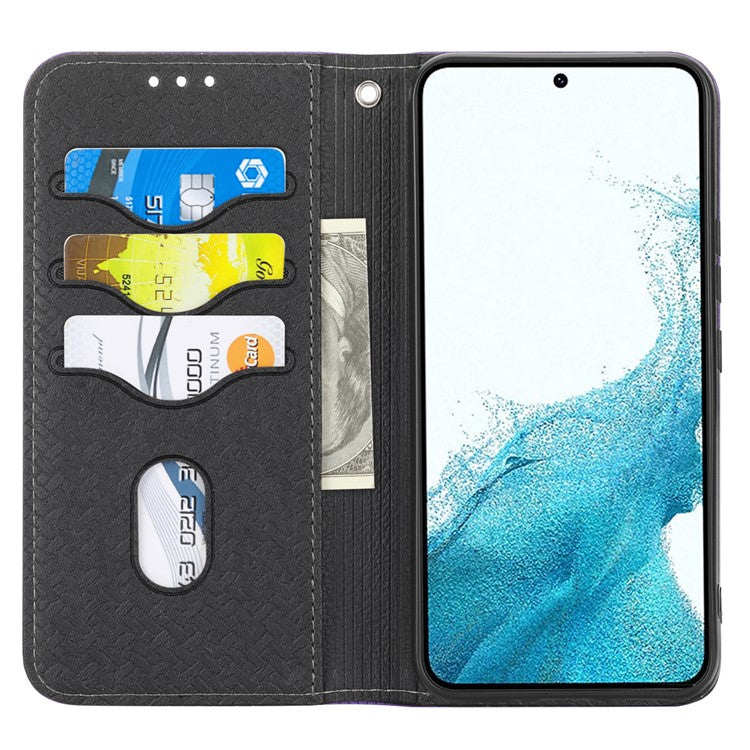 For Samsung Galaxy A25 5G (Global) (161.0 x 76.5 x 8.3mm) Case Woven Texture PU Leather Stand Phone Wallet Cover with Strap - Black