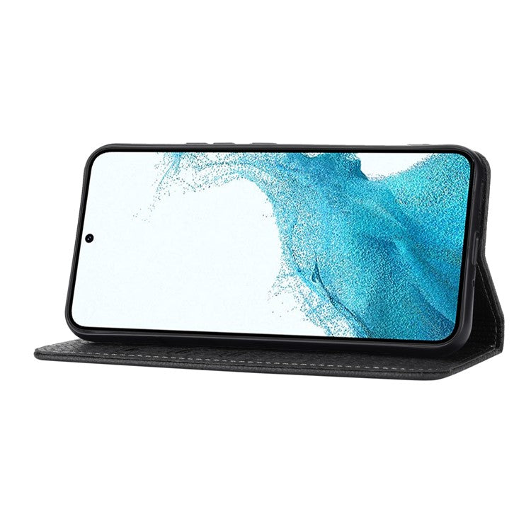 For Samsung Galaxy A25 5G (Global) (161.0 x 76.5 x 8.3mm) Case Woven Texture PU Leather Stand Phone Wallet Cover with Strap - Black