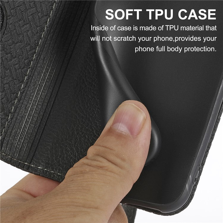For Samsung Galaxy A25 5G (Global) (161.0 x 76.5 x 8.3mm) Case Woven Texture PU Leather Stand Phone Wallet Cover with Strap - Black
