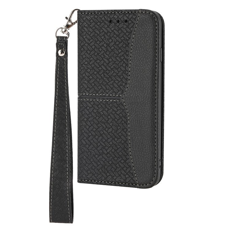 For Samsung Galaxy A25 5G (Global) (161.0 x 76.5 x 8.3mm) Case Woven Texture PU Leather Stand Phone Wallet Cover with Strap - Black