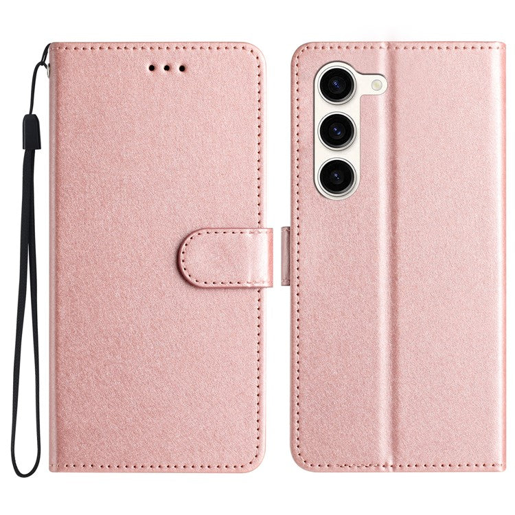 For Samsung Galaxy S25+ / S24+ Case PU Leather Silk Texture Wallet Stand Phone Cover with Strap - Rose Gold