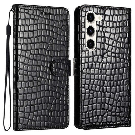 For Samsung Galaxy S25 / S24 Case Crocodile Texture Phone Leather Cover with Strap - Black