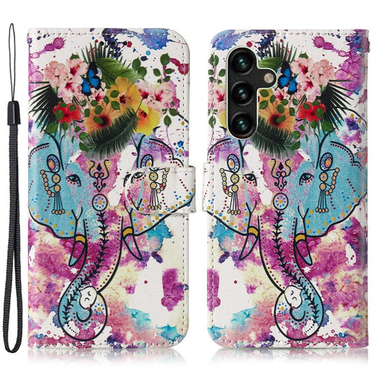 For Samsung Galaxy A15 5G Cover Stand Wallet Pattern Printing Leather Wallet Phone Case - Flower Elephant