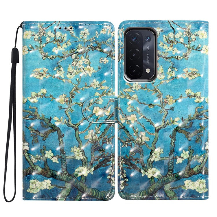 For Oppo A54 5G / A74 5G / A93 5G Case PU Leather 3D Pattern Wallet Phone Cover - Apricot Blossom