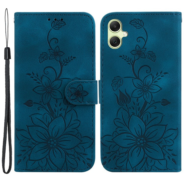 For Samsung Galaxy A05 4G Case Leather Wallet Lily Flower Imprint Phone Anti-drop Cover - Dark Blue
