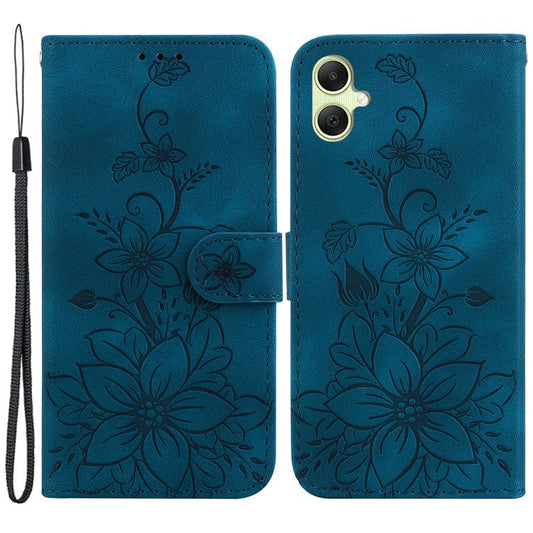 For Samsung Galaxy A05 4G Case Leather Wallet Lily Flower Imprint Phone Anti-drop Cover - Dark Blue