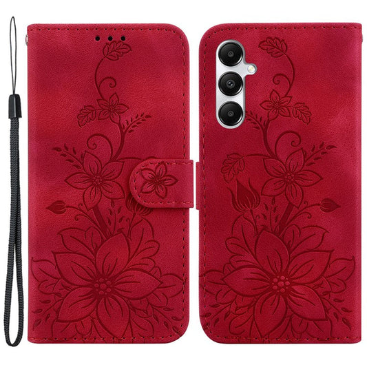 For Samsung Galaxy A05s 4G Case Flower Imprint Leather Wallet Mobile Phone Cover - Red